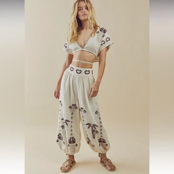 Free People Pants - FREE People Kai Embroidered Cropped Top Pants Set Cream Brown Medium New